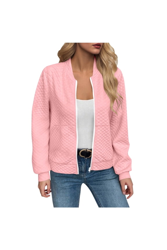 Bomber Jackets for Women Dressy Casual Zip Up Long Sleeve Jacket Waffle Outerwear Clothing Tops Pink S Fashion
