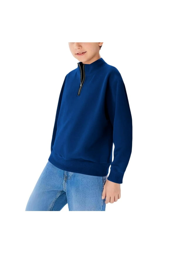 Boys 1/4 Zip Fleece Sweatshirt Kids Long Sleeve Pullover Sweater Fall Clothing Baseball Tops Blue 11-12 Years Fashion