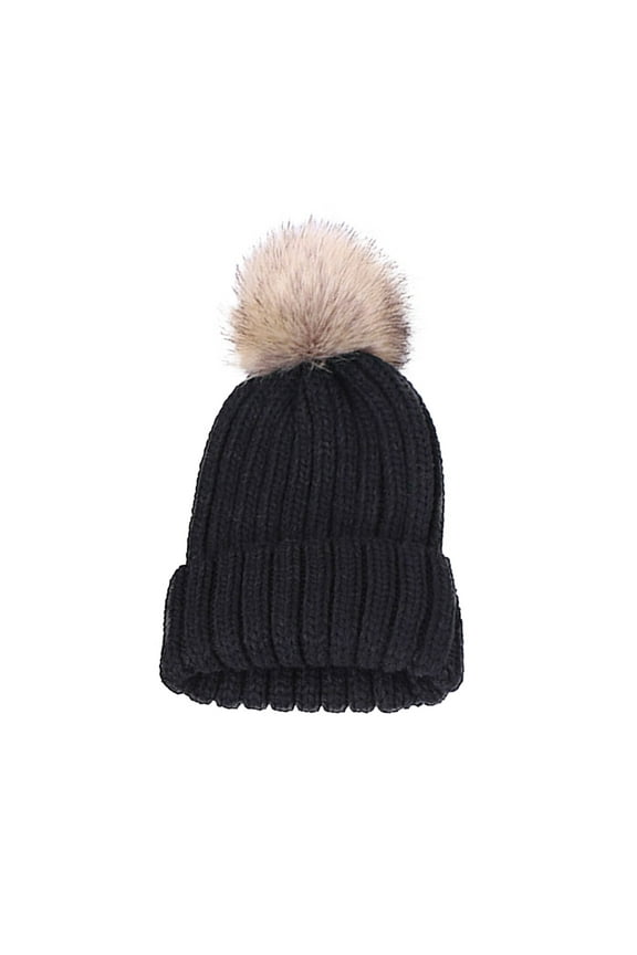 Boys And Girls Winter Knitted Hat Warm Pompom Hat for Kids Toddler Soft Solid Color Black Free Size