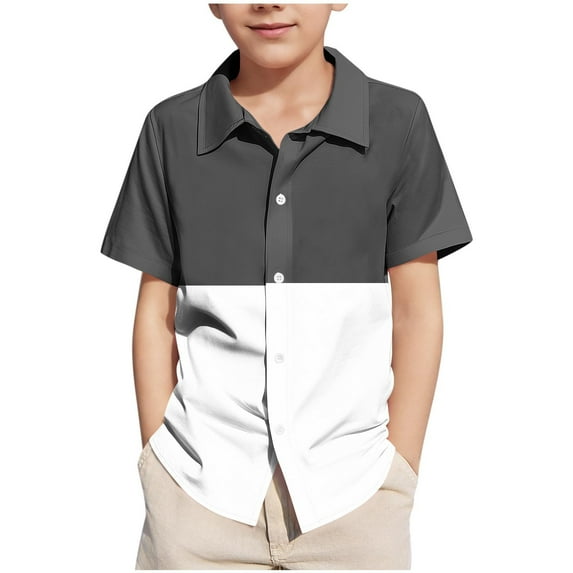 Atogsazn Boys Button Down Shirts Short Sleeve Colorblock Shirt Kids Summer Casual Beach Hawaiian Shirts Black 14-15 Years