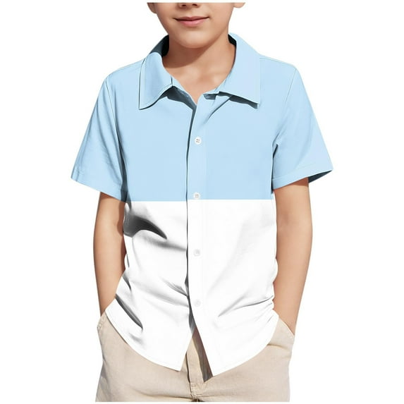 Atogsazn Boys Button Down Shirts Short Sleeve Colorblock Shirt Kids Summer Casual Beach Hawaiian Shirts Light Blue 11-12 Years