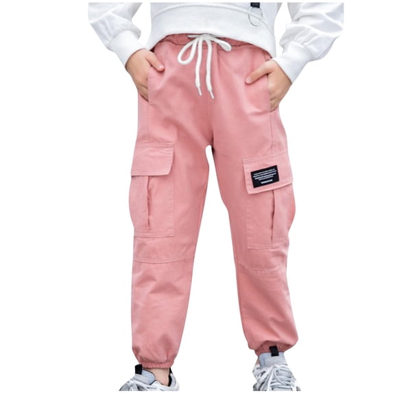Atogsazn Boys Cotton Cargo Pants Children's Jogger Elastic Waist Sweatpants with Drawstring Spring Fall Clothes A-Pink 9-10 Years