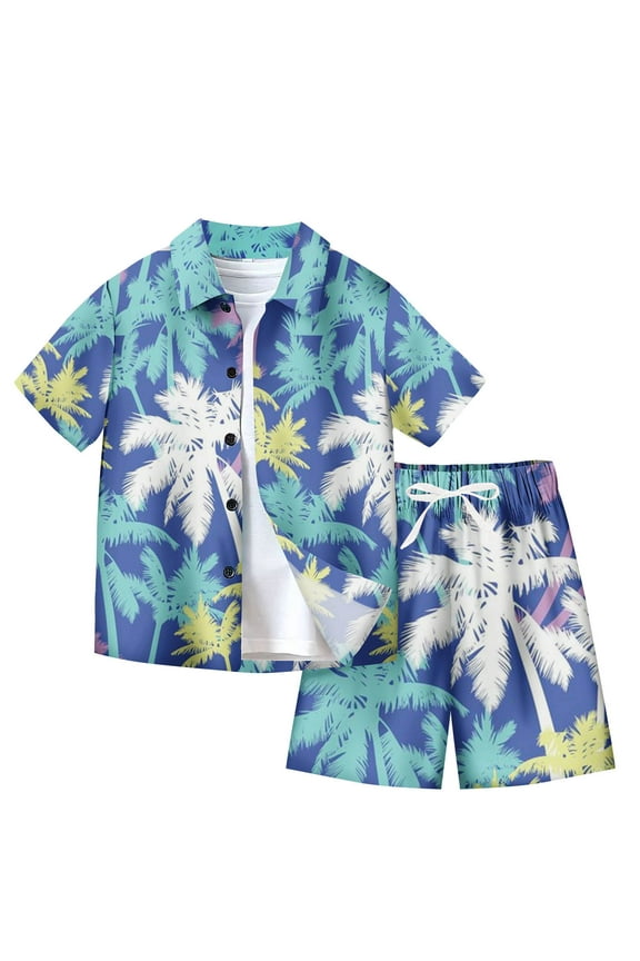 Boys Hawaiian Outfits Kids Caual Print Short Sleeve Shirt and Shorts Set Children's Beach Clothes 2 Piece Set 03-Blue 7-8 Years