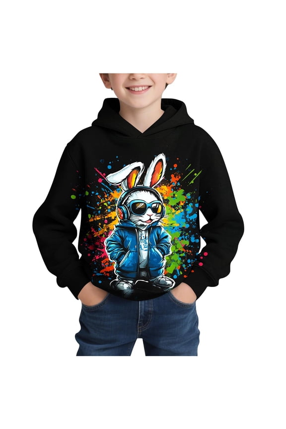 Boys Long Sleeve Hoodies Kids Easter Hooded Sweatshirt Pullover Rabbit Tops with Pocket Outfit Outerwear Dark Blue 7-8 Years Fashion