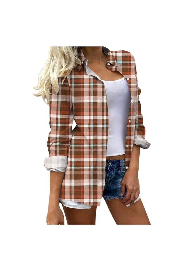Button Up Shirt for Women Casual Plaid Long Sleeve Shirt Spring Summer Blouse Bussiness Tops Clothing Red M Fashion