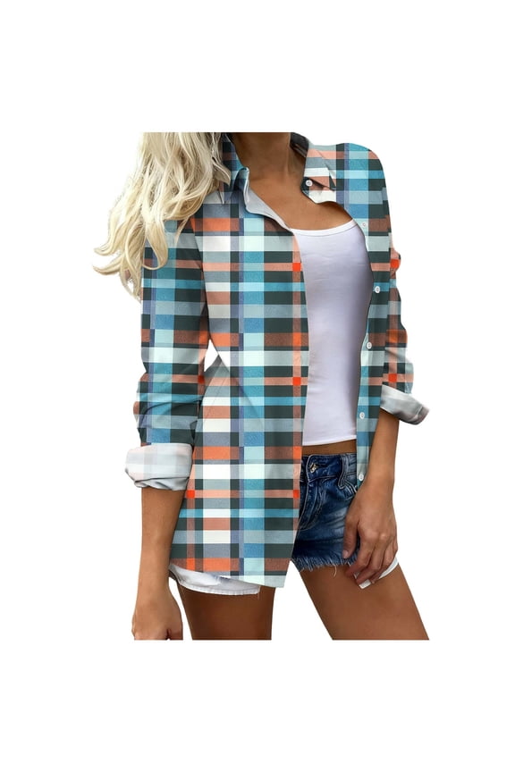 Button Up Shirt for Women Casual Plaid Long Sleeve Shirt Spring Summer Blouse Bussiness Tops Clothing Sky Blue XL Fashion