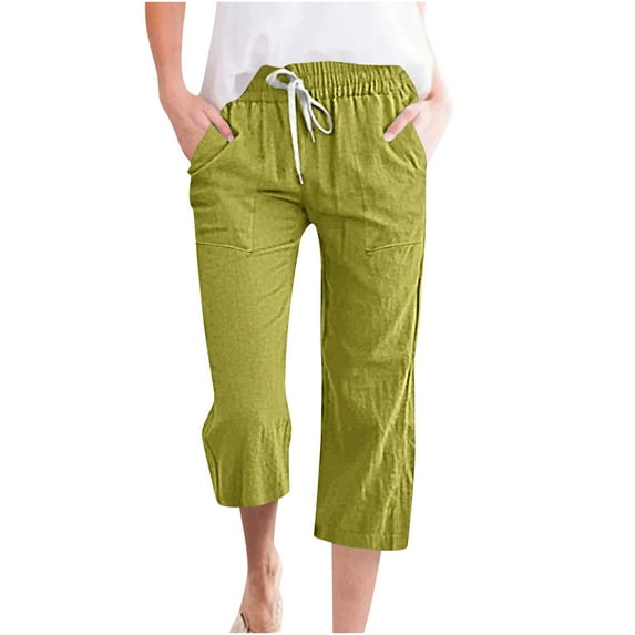 Atogsazn Casual Elastic Loose Capri for Women Cotton Linen Shorts Sweatpants 2 Pockets Wide Leg Drawstring Pants Green F XXXL