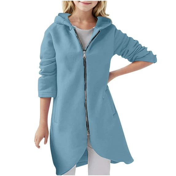 Atogsazn Children Girl Zip Up Jacket Kid Casual Long Sleeve Hooded Jacket Spring Fall Clothes Fashion Blue 7-8 Years