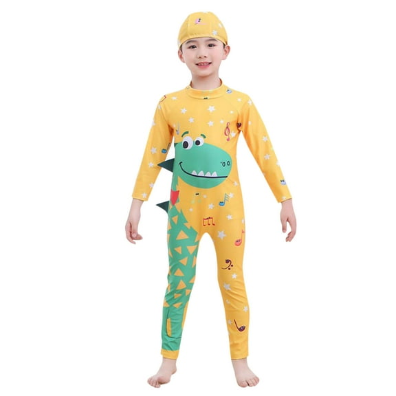 Atogsazn Children's Boy Summer Swimsuit Kid Printed Short Sleeve Swim Jumpsuit with Hat Swimwear Clothes 11-Yellow 5-6 Years