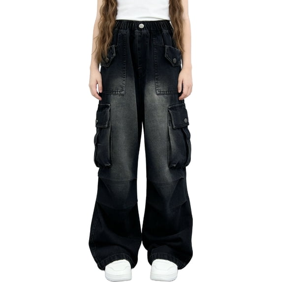 Atogsazn Children's Boys Cargo Jeans Kids Casual Wide Leg Loose Fit Denim Pant Baggy Lightweight Trouser with Pocket Black 9-10 Years Fashion
