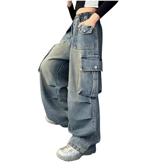 Atogsazn Children's Boys Cargo Jeans Kids Casual Wide Leg Loose Fit Denim Pant Baggy Lightweight Trouser with Pocket Blue 14-15 Years Fashion