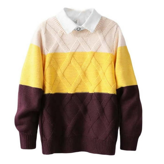 Atogsazn Children's Boys Colorblock Knitted Sweater Kids Loose Long Sleeve Pullover Sweater Winter Warm Clothes 04-Yellow 3-4 Years