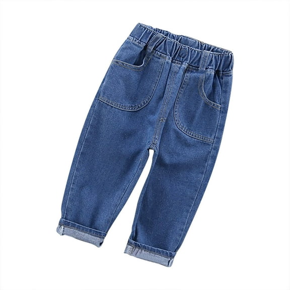 Atogsazn Children's Boys Jeans Kids Casual Elastic Waist Denim Pants Loose Straight Leg Pants for Child Dark Blue XL