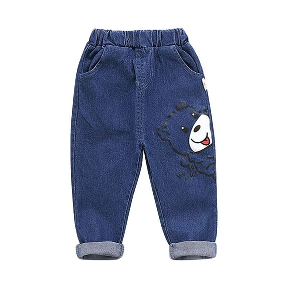 Atogsazn Children's Boys Jeans Kids Casual Print Elastic Waist Denim Pants Loose Straight Leg Pants for Child Dark Blue M on Clearance