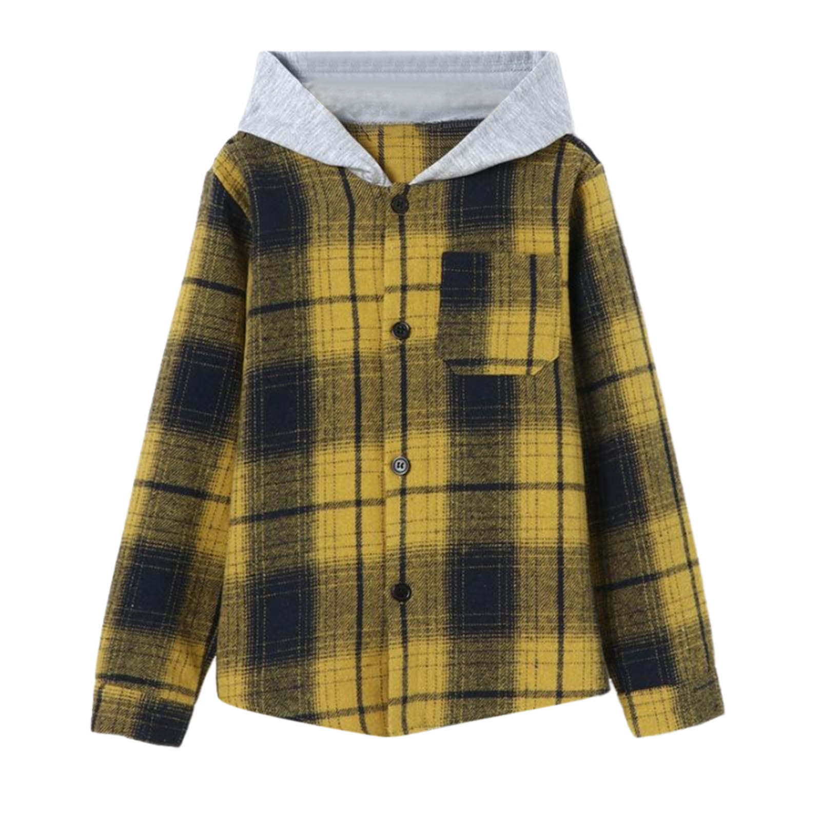 Atogsazn Children's Boys Plaid Shirts Casual Button Long Sleeve Hooded Jackets Fashion Spring