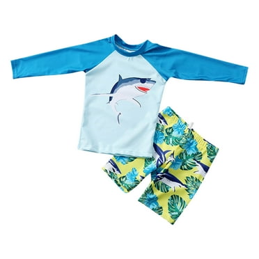 Atogsazn Children's Boys Rashguard Swimsuits Printed Long Sleeve Swimwear and Shorts Bathing Suit Clothes Summer Light Blue 7-8 Years on Clearance