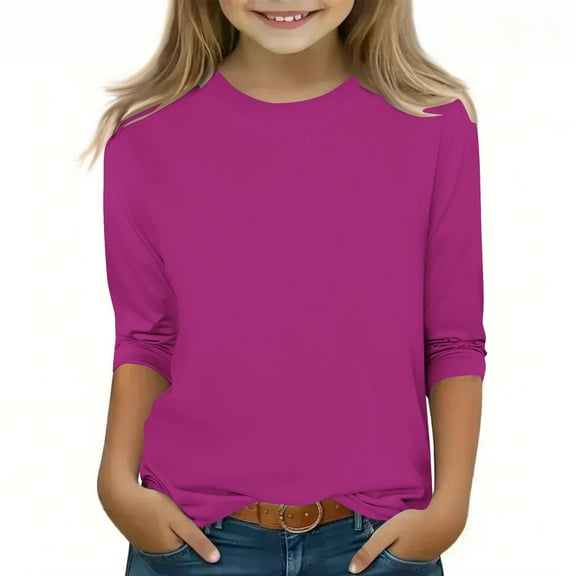 Atogsazn Children's Casual 3/4 Sleeve T-Shirts Kids Girl Crewneck Loose Pullover Shirts Fashion Blouse Clothes 03-Hot Pink 7-8 Years