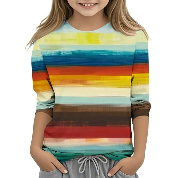 Atogsazn Children's Casual 3/4 Sleeve T-Shirts Kids Girl Striped Crewneck Loose Pullover Shirts Fashion Blouse Clothes 05-Multicolor 9-10 Years