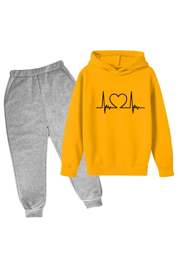 Children's Fall Winter Cloths Set Kids Oversized Long Sleeve Pullover Hooded Sweatshirt andp Sweatpants Outfit Clothes 02-Yellow 9-10 Years