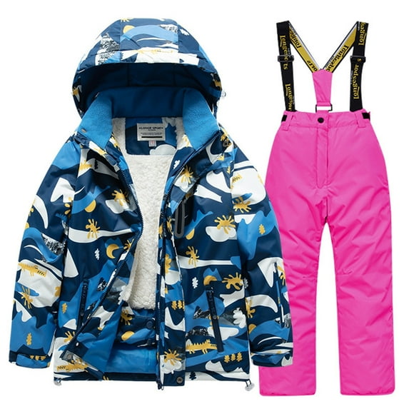 Atogsazn Children's Fleece Lined Ski Snow Jacket Set Kids Windproof Zip Up Hooded Jackets and Suspender Pants Clothes 03-Hot Pink 6-7 Years