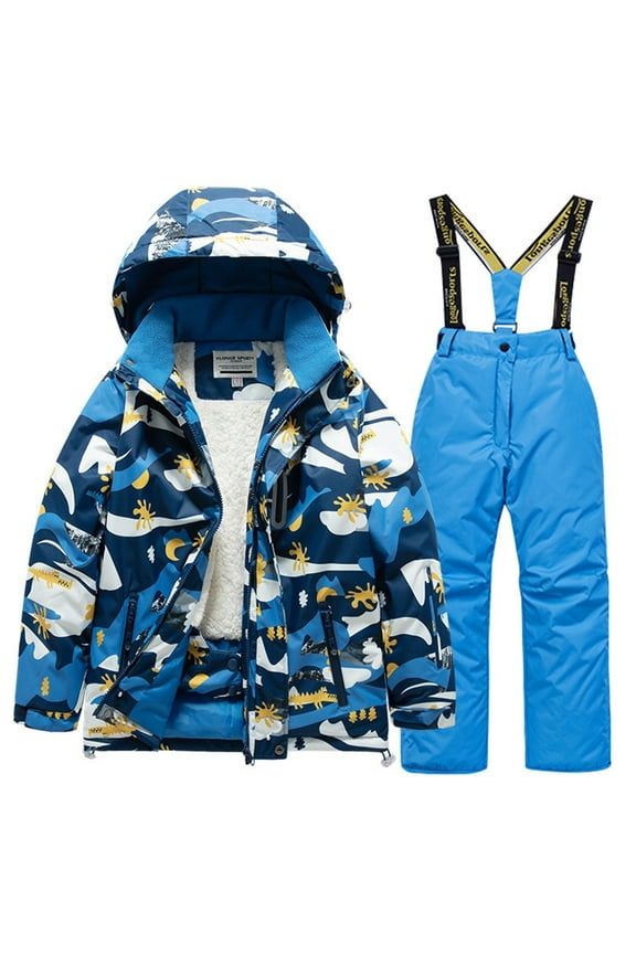 Children's Fleece Lined Ski Snow Jacket Set Kids Windproof Zip Up Hooded Jackets and Suspender Pants Clothes 03-Blue 6-7 Years