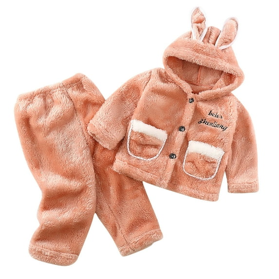 Atogsazn Children's Fleece Winter 2 Piece Set Kids Fuzzy Button Long Sleeve Hoodies and Pants Outfit Loose Warm Colthes Orange 3-4 Years