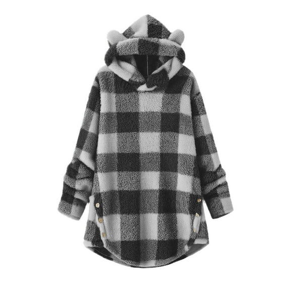 Atogsazn Children's Girl Fuzzy Coat Kids Plaid Sherpa Long Sleeve Hooded Jacket Thick Warm Winter Loose Fit Clothing Tops 01-Dark Gray 4-5 Years Fashion