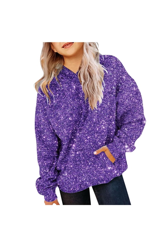 Children's Girl Sequin Hoodies Kids Casual Oversized Long Sleeve Hooded Sweatshirt Fashion Clothes Tops Purple 5-6 Years