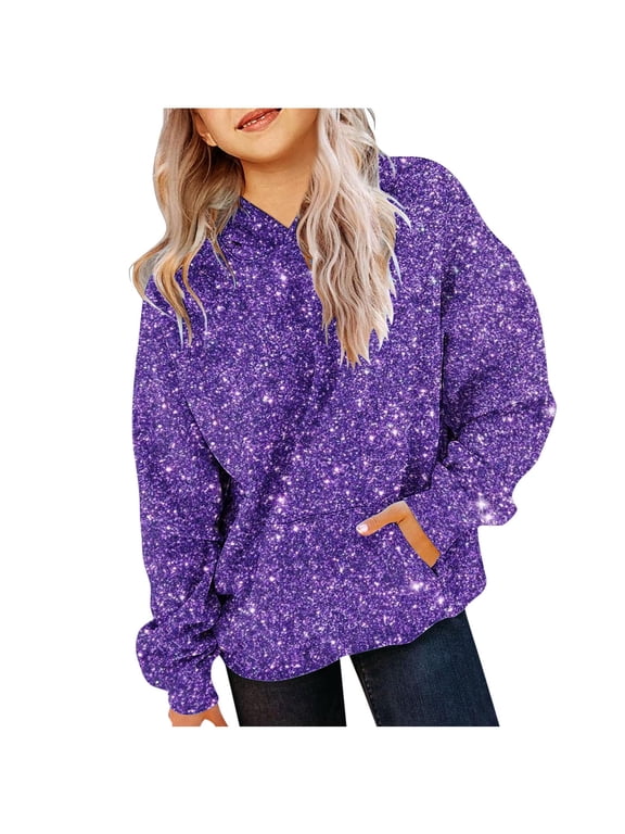 Children's Girl Sequin Hoodies Kids Casual Oversized Long Sleeve Hooded Sweatshirt Fashion Clothes Tops Purple 5-6 Years