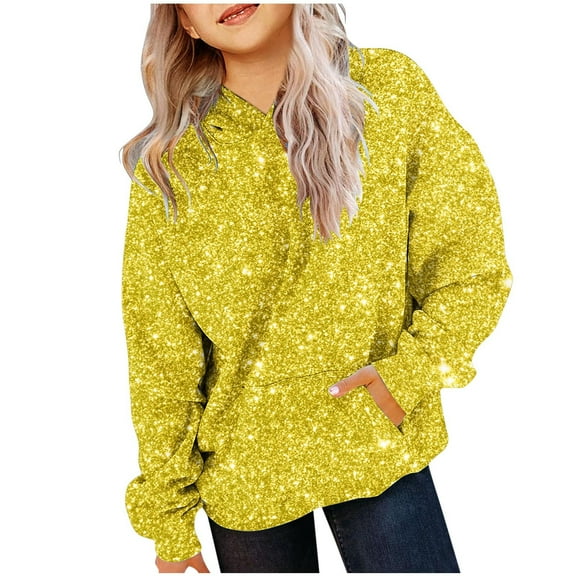 Atogsazn Children's Girl Sequin Hoodies Kids Casual Oversized Long Sleeve Hooded Sweatshirt Fashion Clothes Tops Yellow 13-14 Years