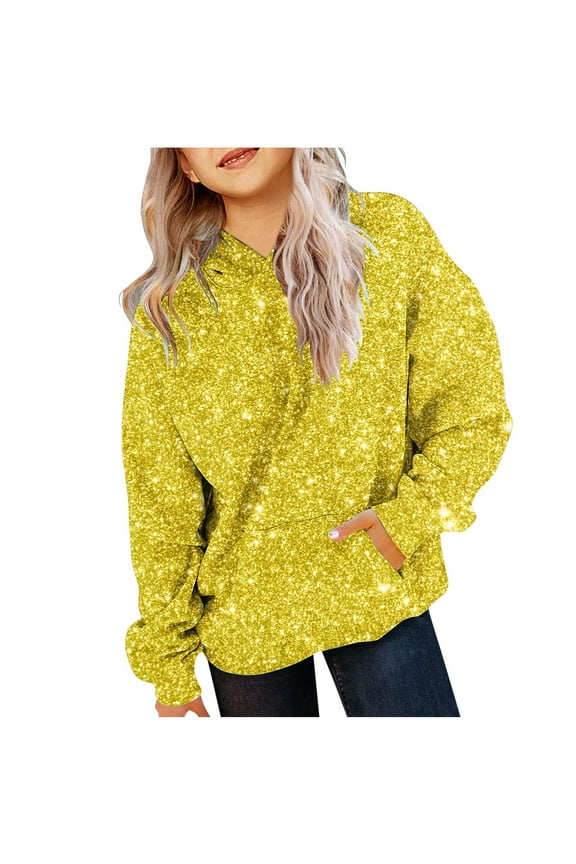Children's Girl Sequin Hoodies Kids Casual Oversized Long Sleeve Hooded Sweatshirt Fashion Clothes Tops Yellow 13-14 Years