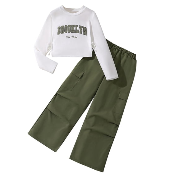 Atogsazn Children's Girls 2 Piece Set Kids Long Sleeve Cropped Top and Wide Leg Cargo Pants Outfits Fashion B-Army Green 12-13 Years