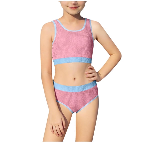 Atogsazn Children's Girls 2 Piece Swimsuit Kids High Waist Sporty Bikini Set Swimwear Bathing Suit Clothes 02-Pink 7-8 Years Fashion