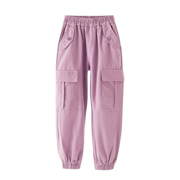 Atogsazn Children's Girls Cargo Sweatpants Cotton Baggy Jogger Elastic Waist Pants Fall Winter Clothes with Pockets A-Pink 8-9 Years