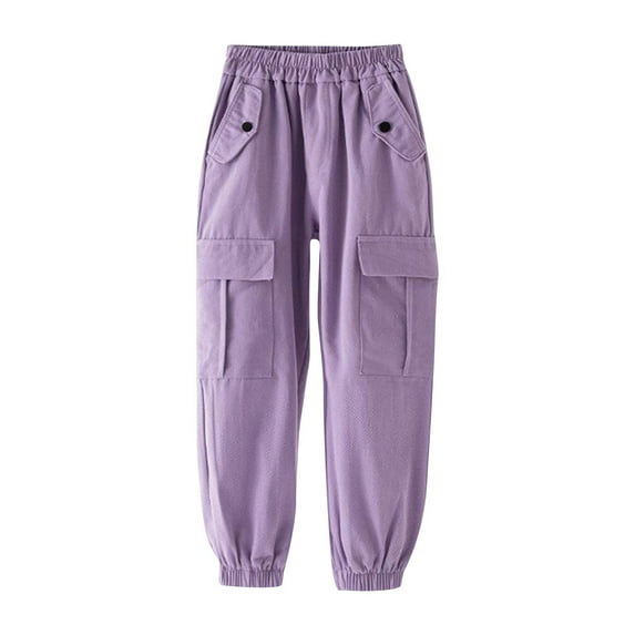 Atogsazn Children's Girls Cargo Sweatpants Cotton Baggy Jogger Elastic Waist Pants Fall Winter Clothes with Pockets A-Purple 9-10 Years