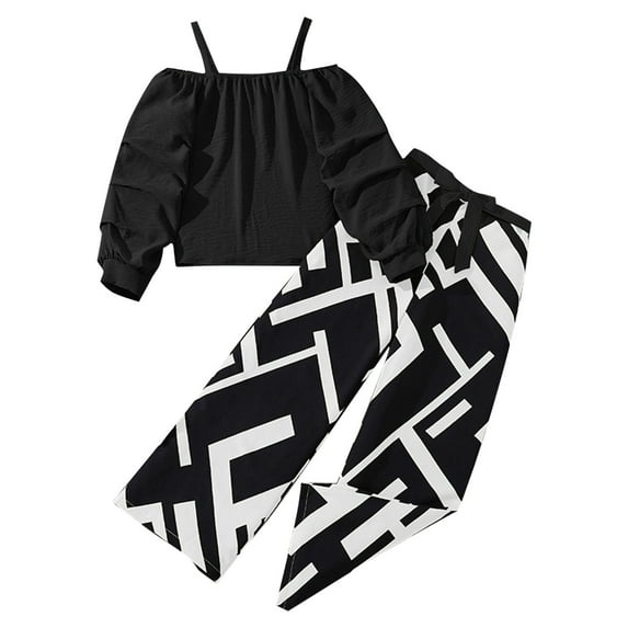 Atogsazn Children's Girls Casual Clothes Set Kids Off The Shoulder Long Sleeve Top Wide Leg Pant Outfit Black 10-11Years on Clearance