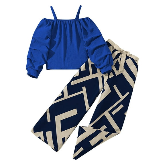 Atogsazn Children's Girls Casual Clothes Set Kids Off The Shoulder Long Sleeve Top Wide Leg Pant Outfit Blue 9-10Years