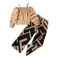 thumbnail image 1 of Atogsazn Children's Girls Casual Clothes Set Kids Off The Shoulder Long Sleeve Top Wide Leg Pant Outfit Khaki 10-11Years on Clearance, 1 of 9