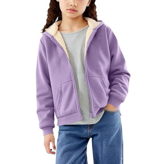 Atogsazn Children's Girls Fleece Lined Hoodies Kids Zip Up Long Sleeve Sherpa Jacket with Pocket Clothes Tops Purple 13-14 Years Fashion