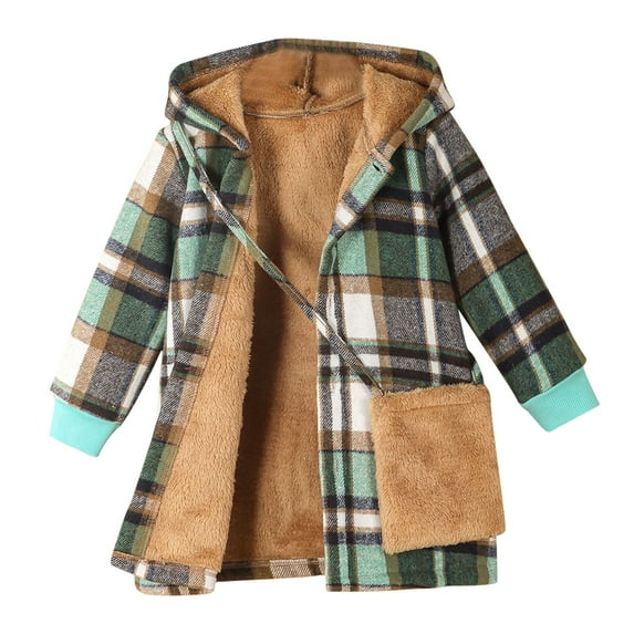 Atogsazn Children's Girls Fleece Lined Jackets Plaid Long Sleeve Hooded Coat Winter Warm Clothes with Satchel Green 7-8 Years on Clearance