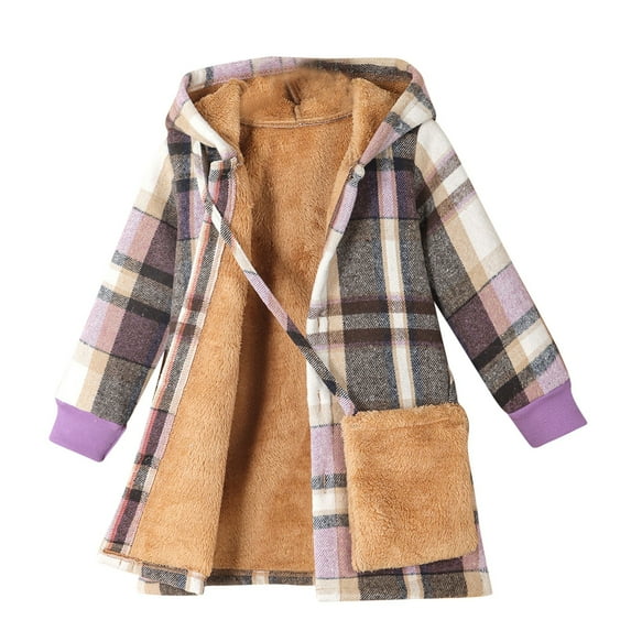 Atogsazn Children's Girls Fleece Lined Jackets Plaid Long Sleeve Hooded Coat Winter Warm Clothes with Satchel Purple 5-6 Years