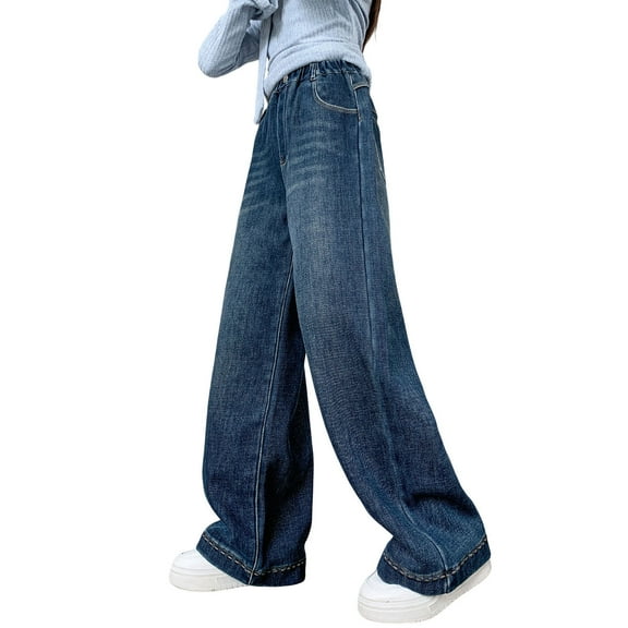 Atogsazn Children's Girls Fleece Lined Jeans Kids Casual Wide Leg Loose Fit Denim Pant Fall Winter Trouser with Pocket Dark Blue 10-11 Years Fashion
