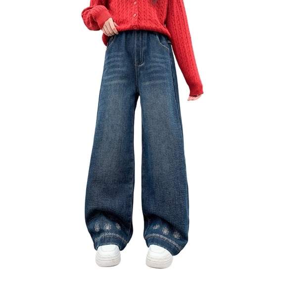 Atogsazn Children's Girls Fleece Lined Jeans Kids Casual Wide Leg Loose Fit Denim Pant Fall Winter Trouser with Pocket Light Blue 10-11 Years Fashion