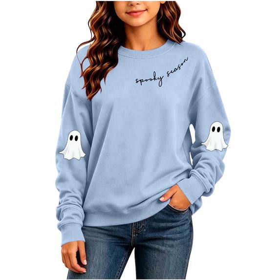Atogsazn Children's Girls Halloween Sweatshirt Kids Casual Oversized Ghost Print Long Sleeve Sweaters Fall Winter Tops Blue 14-15 Years Fashion