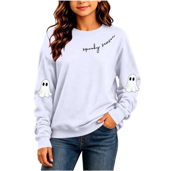 Atogsazn Children's Girls Halloween Sweatshirt Kids Casual Oversized Ghost Print Long Sleeve Sweaters Fall Winter Tops White 11-12 Years Fashion