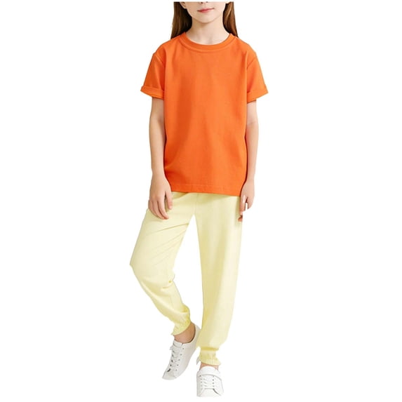 Atogsazn Children's Girls Jogger Clothes Set Kids Short Sleeve Cotton T-shirt Sweatpant Outfit Summer Tee Tops Orange 9-10 Years Fashion