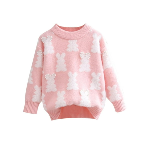 Atogsazn Children's Girls Knitted Cotton Sweater Kids Printed Long Sleeve Pullover Sweaters Winter Warm Clothes 6-7 Years D-Pink