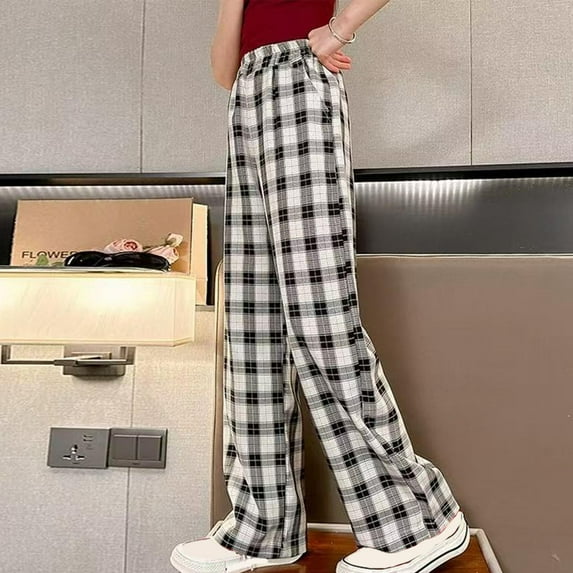 Atogsazn Children's Girls Plaid Wide Leg Pants Kids Loose Elasitc Waist Pant Summer Clothes Fashion 05-Black 5-6 Years on Clearance