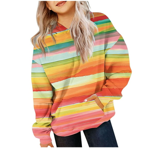 Atogsazn Children's Girls Rainbows Hoodies Kids Fleecel Lined Loose Pullover Hooded Sweatshirt Tops Outfits Clothes Gray 5-6 Years