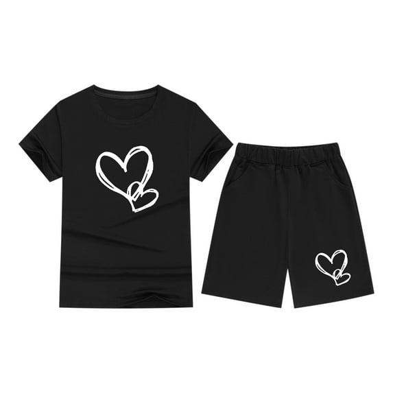 Atogsazn Children's Girls Summer 2 Piece Clothes Set Kids Cotton Short Sleeve Tshirt Shorts Outfit Fashion 01-Black 4-5 Years on Clearance